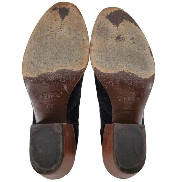 Tod's Italy Tex Black Suede Ankle Booties Women 6.5 Chunky Heel Dress Shoes 37.5 - Picture 3 of 12